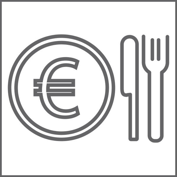 Logo eines Tellers mit einem Eurosymbol darin und daneben ein Messer und eine Gabel.